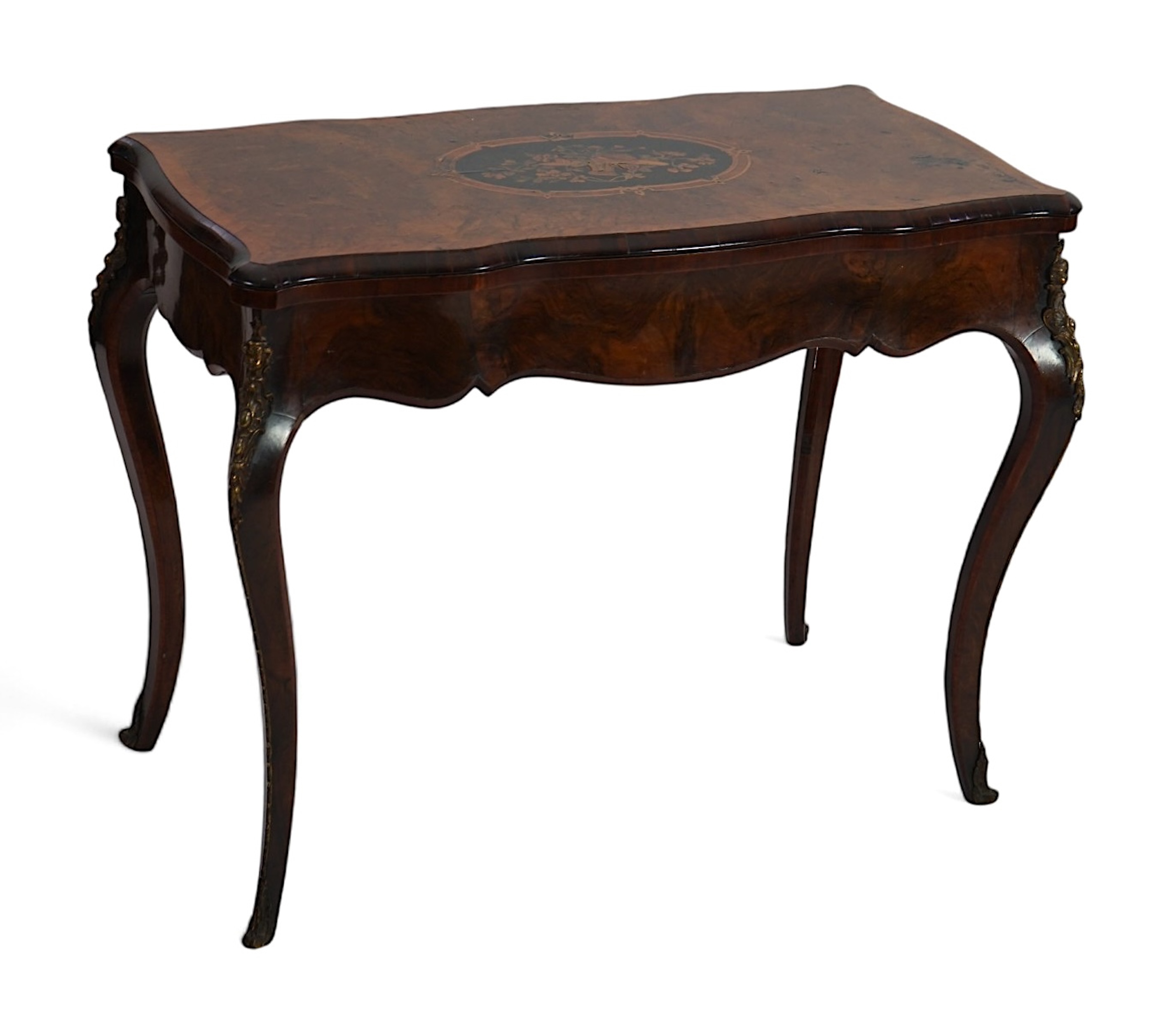 A Victorian marquetry inlaid burr walnut card table